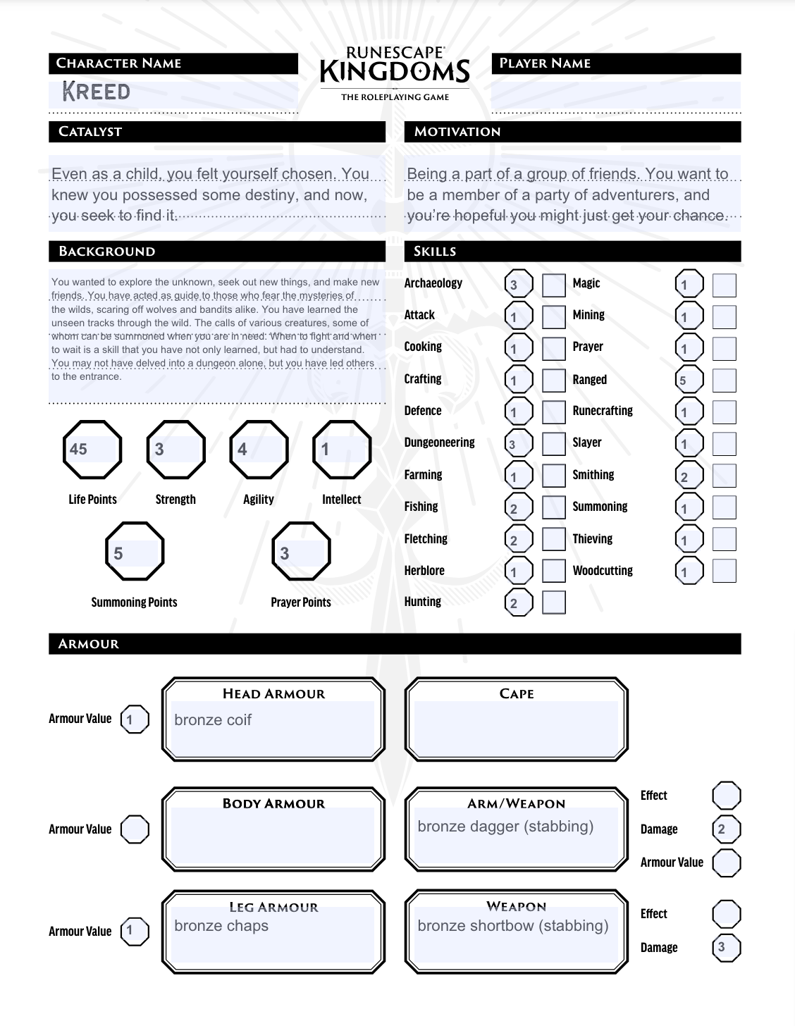 RuneScape Kingdoms: Roleplaying Game Character Sheet - Kreed - Ranger Explorer (PDF)