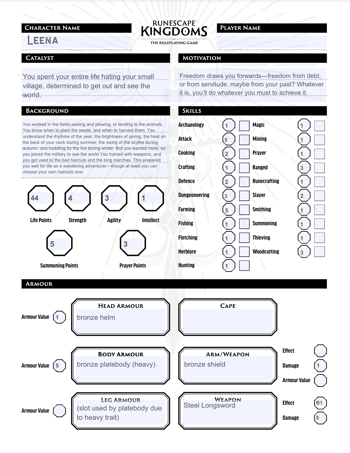 RuneScape Kingdoms: Roleplaying Game Character Sheet - Leena - Farmer Soldier (PDF)